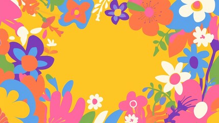 Fototapeta na wymiar yellow groovy happy summer floral frame for social media, greeting card, blank space for text in the center, sales promotion banner with colorful flat design style