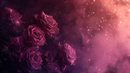 Roses with glitter bokeh background. Copy space.