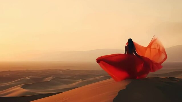 View from behind of woman in a red dress standing on sand dunes in the desert while the wind blows her dress