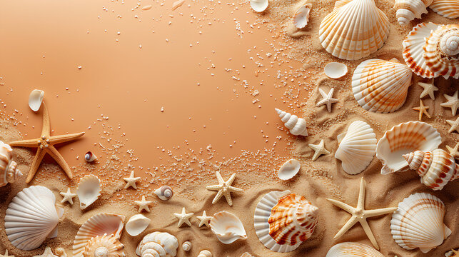 Summer vacation background greeting card - Frame made of various seashells, starfish and sand isolated on apricot colored paper texture table background, top view