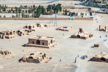Aerial view of ruins in area of Dakhma - Tower of Silence, ancient structure built by Zoroastrians...