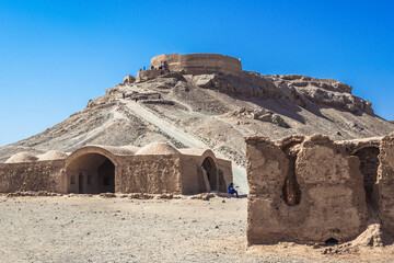 Ruins in area of Dakhma - Tower of Silence, ancient structure built by Zoroastrians in Yazd city,...