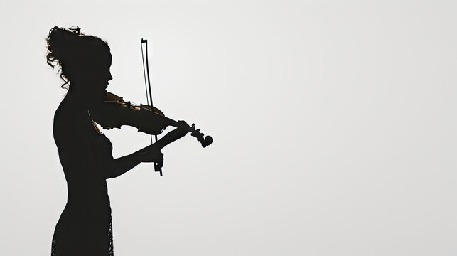 Side view silhouette of female violinist standing with her musical instrument and thoughtfully looking away