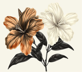 flowers and botany Dark brown, light brown, light orange, white, black, white background tones