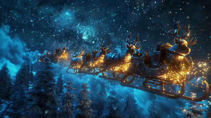 Santa Claus in his sleigh which is being pulled by 4 realistic reindeer, starry sky, trees below - obrazy, fototapety, plakaty