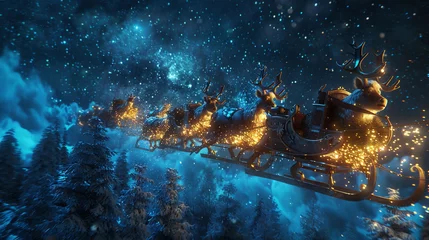 Fotobehang Santa Claus in his sleigh which is being pulled by 4 realistic reindeer, starry sky, trees below © Wendelin