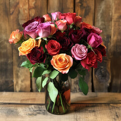 Many colors of roses in a vase on a wooden table