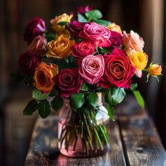 Many colors of roses in a vase on a wooden table