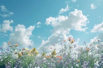 Obraz na płótnie Canvas : A calming sky blue background with fluffy white clouds casting soft shadows on a field of wildflowers.