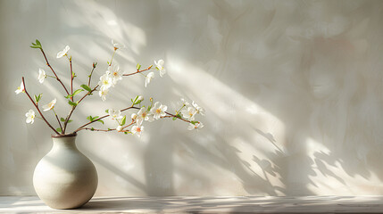 
Spring blossom twigs in vase on table, soft shadows on wall