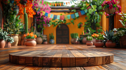 Fototapeta na wymiar Empty wooden podium on wooden floor with mexican cinco de mayo festival backyard garden background for product presentation
