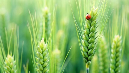 Juicy fresh ears of young green wheat and ladybug on nature in spring summer field close-up of macro with free space for text.