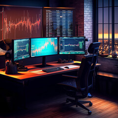 A computer desk with three monitors and a black chair. The room is dimly lit and the monitors are glowing