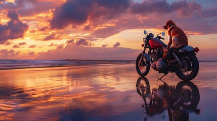 Obraz premium Motorcycle parked, dog waiting on seat, tranquil beach, twilight, loyal companion's quiet moment.