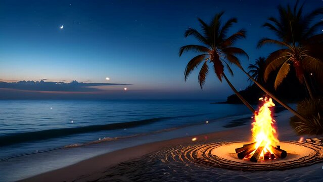 beach by the sea under the night sky, surrounded by palm trees, and a bonfire. Seamless looping 4k time-lapse video animation background