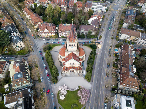 Aerial image of St. Paul's church (Pauluskirche) in the old town of Swiss city Basel.