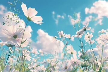 : A calming sky blue background with fluffy white clouds casting soft shadows on a field of wildflowers.