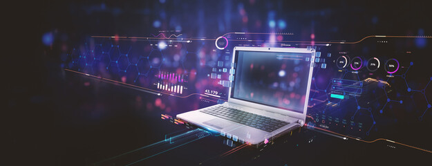 futuristic datum infographic charts graphs and data analysis of corporate company laptop screen...