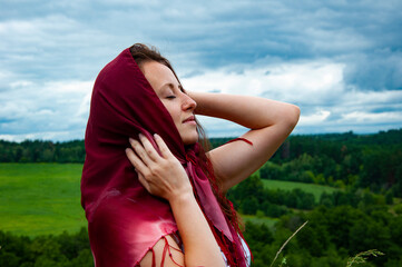 Woman in mountain valley. Landscape of summer nature. Travel girl on mountain valley outdoor....