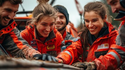 Diverse supporting team in bright uniform pushing a stuck rally car out of mud. Enthusiastic athletes and technicians helping drivers to continue the race.