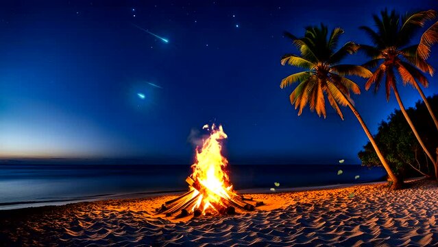 beach by the sea under the night sky, surrounded by palm trees, and a bonfire. Seamless looping 4k time-lapse video animation background