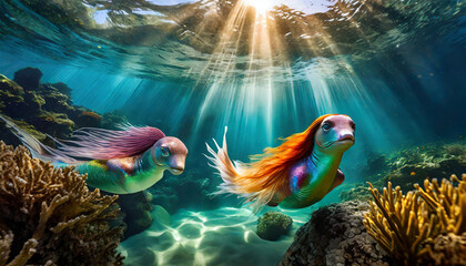 Mythical colorful mermaid fish swimming under water. - obrazy, fototapety, plakaty