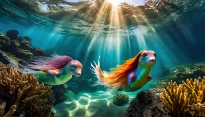 Foto op Plexiglas Mythical colorful mermaid fish swimming under water. © Bill