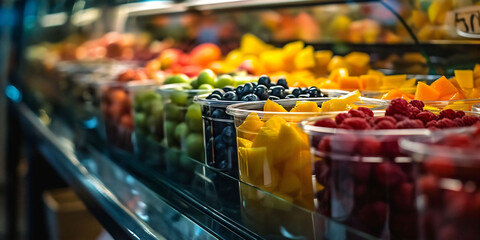 A display case filled with a variety of fruits and vegetables, take away plastic glasses with fresh fruits and berries in the supermarket. Copy space - obrazy, fototapety, plakaty