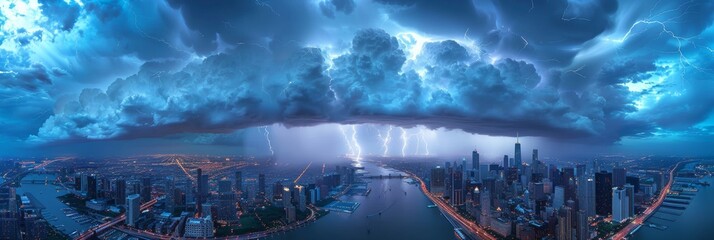 Nighttime urban vista: electrifying cityscape lit by mesmerizing lightning displays