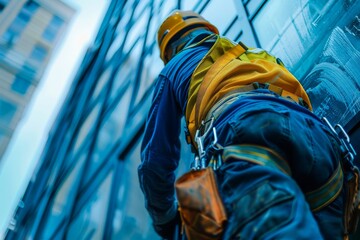View from below of a window cleaner working on the facade of a high-rise office building. Industrial alpinism. Individual safety system for an industrial climber. - obrazy, fototapety, plakaty
