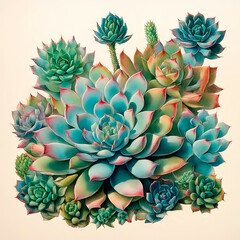 Decorative succulents in the style of an ancient botanical illustration, houseleeks, cactus, aloe, vintage wall art.