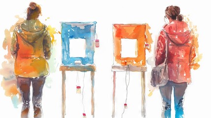 Watercolor art of voters at polling station. Citizens casting ballots in election. People vote. Concept of democracy, elections, civic duty, voting rights, freedom. Abstract - obrazy, fototapety, plakaty
