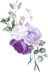 Watercolor floral bouquet. Violet flowers and eucalyptus greenery illustration isolated on transparent background.  Purple roses, lilac peony for card, wedding stationary, greetings, fashion design