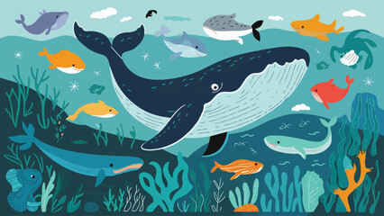 Flat Design Illustration: Whale and Marine Life Swimming in the Ocean - obrazy, fototapety, plakaty