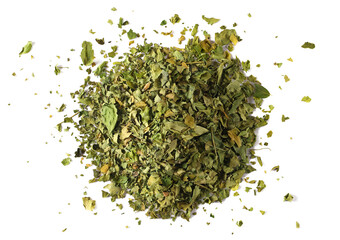 Obraz premium Organic Moringa green tea isolated on white, top view