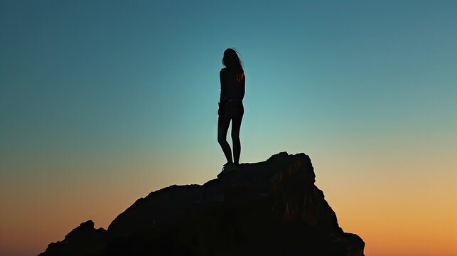 Silhouette of a woman standing alone on the rock Highly Detailed 8K

