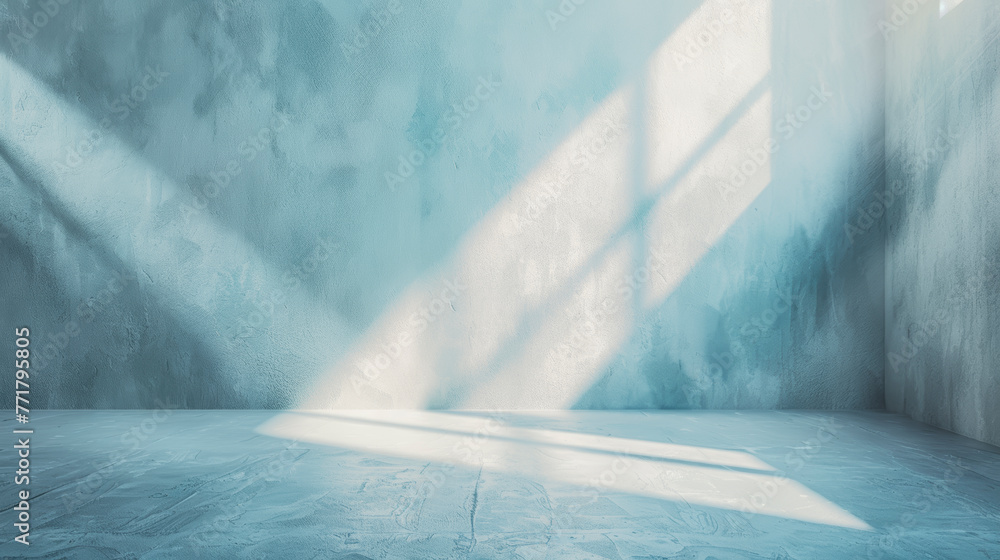 Poster abstract minimal light blue background for product presentation. shadow and light from windows on pl
