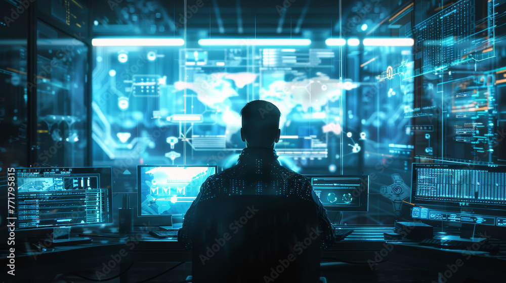 Aufkleber A man is sitting in front of a computer monitor with a blue screen. The computer monitor displays a lot of information, including a map and a globe. The man is focused on the screen