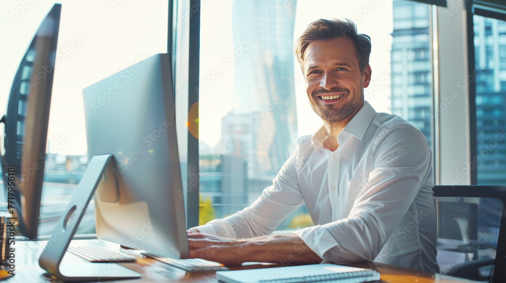 Poster happy man is sitting at a desk with a computer monitor in diverse corporate office with megapolis wi
