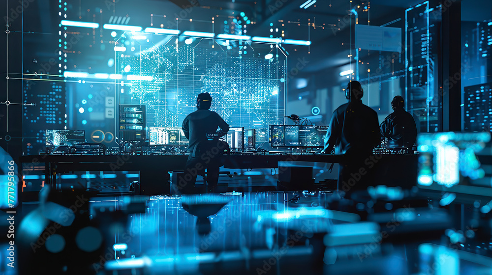 Poster A group of people are standing in front of a computer monitor. The room is filled with computer equipment and the people are wearing headphones. Scene is focused and intense