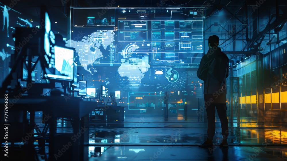 Poster A man stands in front of a computer monitor that displays a map of the world. The room is filled with computers and the man is wearing a backpack. Scene is one of technology and modernity