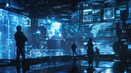 A futuristic cityscape with people walking around and a few people standing in front of a large screen