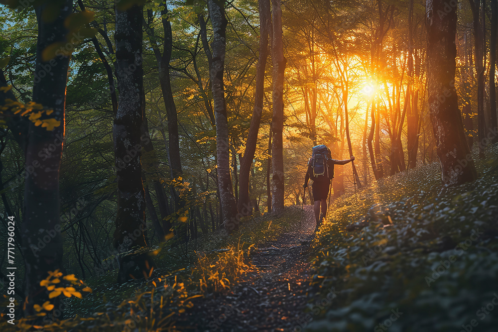 Poster a person is walking through a forest at dusk. the sun is setting and casting a warm glow on the tree