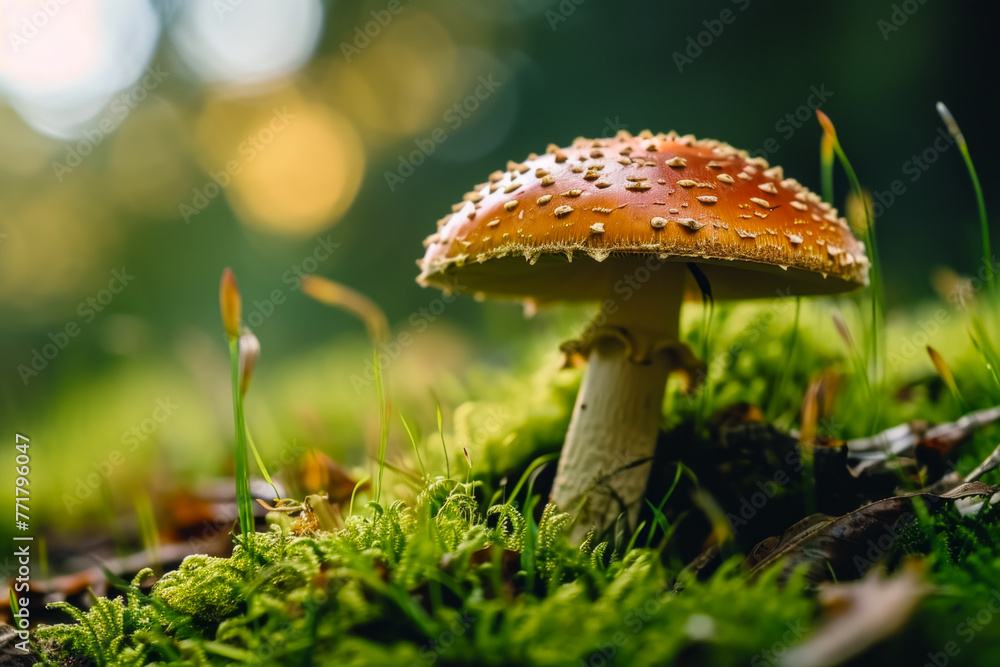 Poster fly agaric in the forest. background with selective focus and copy space