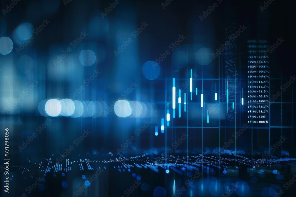 Poster a blue and white image of a city skyline with a large graph of numbers and lines
