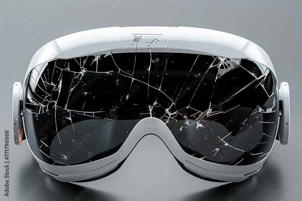 Poster broken virtual reality glasses with cracks. background with selective focus and copy space