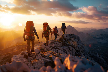 A group of four people are hiking up a mountain, with the sun setting in the sunrise background. Scene is adventurous and exciting, as the group is taking on a challenging hike - obrazy, fototapety, plakaty