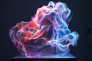 : A digital sculpture morphs and evolves, its form composed of shimmering particles that dance in a mesmerizing display. - obrazy, fototapety, plakaty