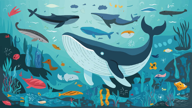 Flat Design Illustration: Whale and Marine Life Swimming in the Ocean