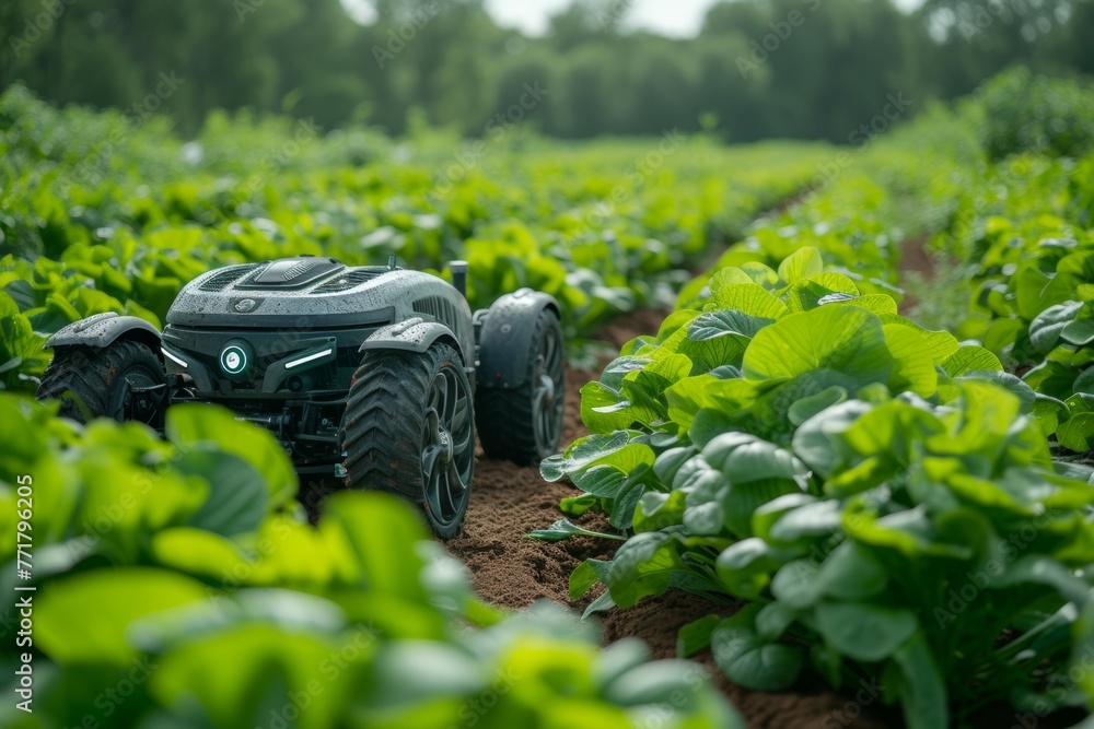 Poster modern farm with robots. background with selective focus and copy space